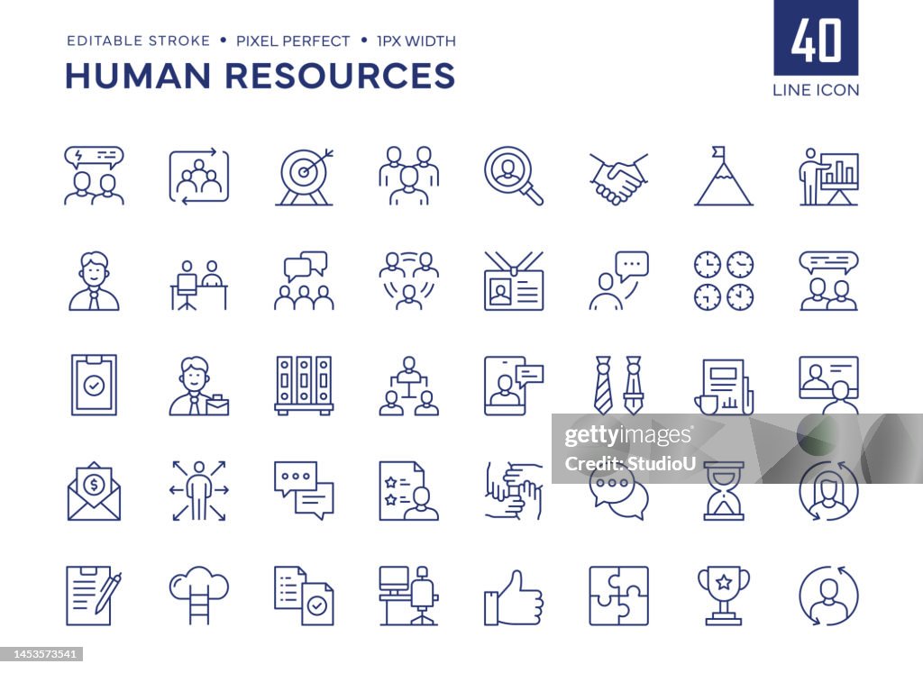 Human Resources Line Icon Set enthält Mentoring, Rekrutierung, Manager, Arbeitsbedingungen, Beförderung, Teamarbeit, Karriere, Löhne und so weiter Symbole.