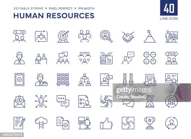 illustrazioni stock, clip art, cartoni animati e icone di tendenza di il set di icone della linea risorse umane contiene icone di mentoring, reclutamento, manager, condizioni di lavoro, promozione, lavoro di squadra, carriera, salari e così via. - recruitment