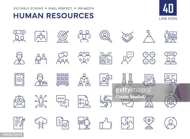 human resources line icon set contains mentoring, recruitment, manager, work conditions, promotion, teamwork, career, wages and so on icons. - business stock illustrations