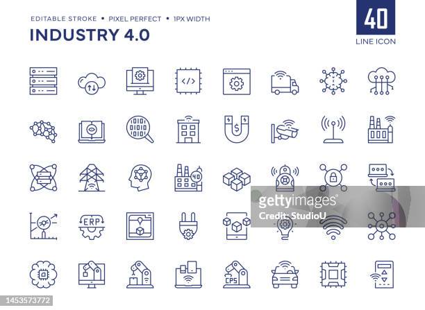 industry 4.0 line icon set contains database, network server, merchandise, factory, logistics, ai, ar, cpu, erp and so on icons. - automotive manufacturing stock illustrations