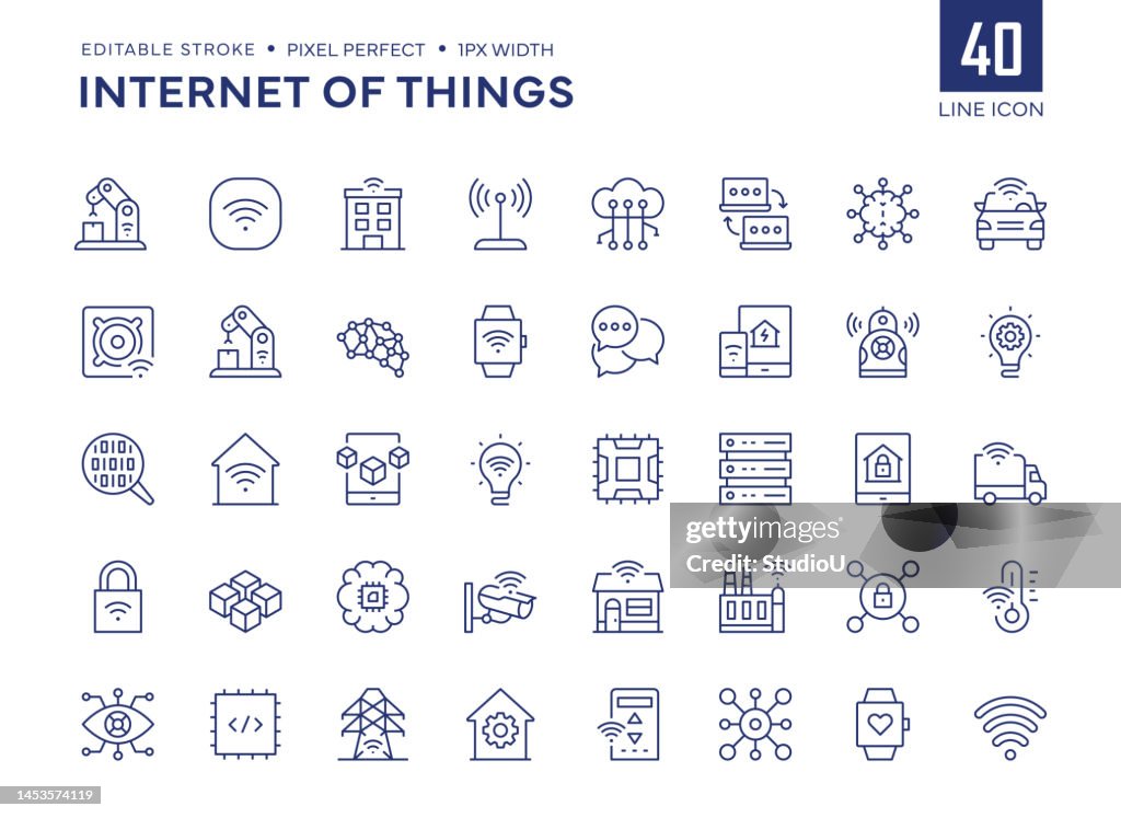 Internet Of Things Line Icon Set contains Wireless, Artificial Intelligence, Factory, Smart Home, Driverless Transport, Augmented Reality, Sensor and so on icons.