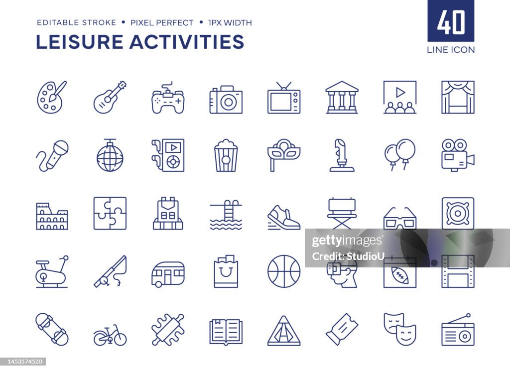 Leisure Activities Line Icon Set contains Painting, Video Games, Museum, Cinema, Theater, Backpacking, Fishing and so on icons.