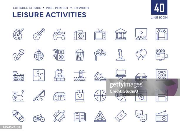 bildbanksillustrationer, clip art samt tecknat material och ikoner med leisure activities line icon set contains painting, video games, museum, cinema, theater, backpacking, fishing and so on icons. - health club