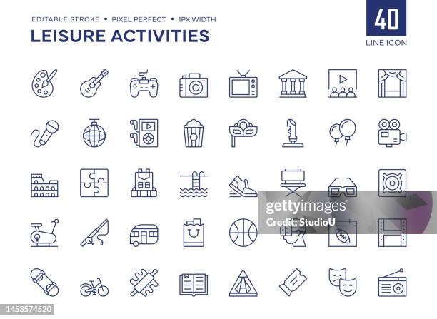 leisure activities line icon set contains painting, video games, museum, cinema, theater, backpacking, fishing and so on icons. - past time stock illustrations