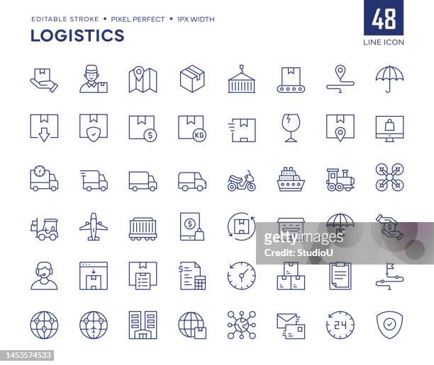 logistics line icon set contains cargo, container, warehouse, delivery, package, and so on icons. - delivery van studio stock illustrations