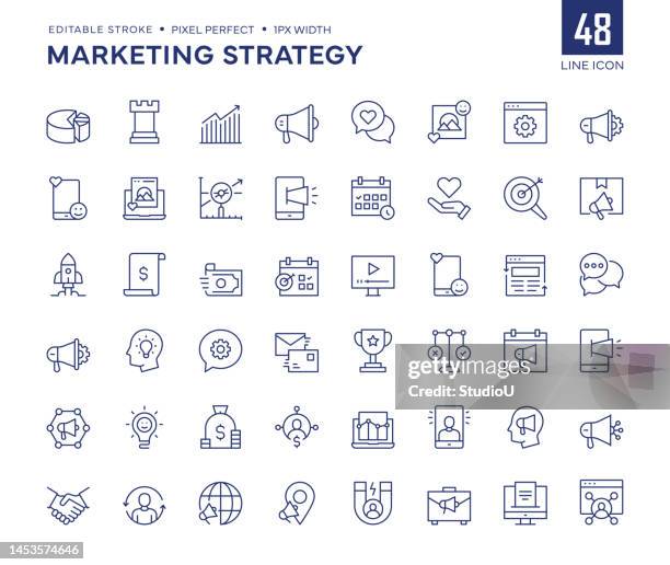 stockillustraties, clipart, cartoons en iconen met marketing strategy line icon set - schoktactiek