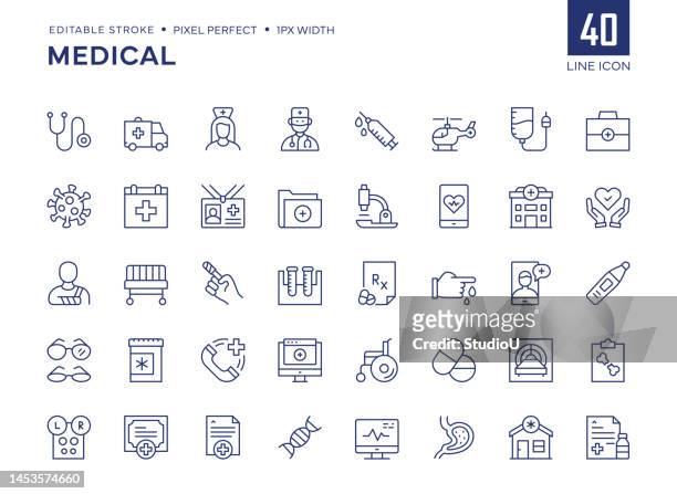 ilustraciones, imágenes clip art, dibujos animados e iconos de stock de el conjunto de iconos de la línea médica contiene estetoscopio, ambulancia, enfermera, médico, jeringa, suero, botiquín de primeros auxilios, etc. - medical