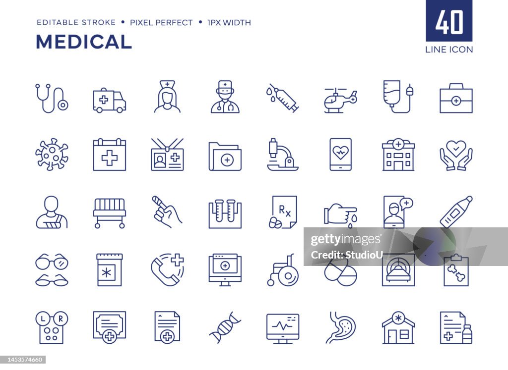 Medical Line Icon Set contains Stethoscope, Ambulance, Nurse, Doctor, Syringe, Serum, First Aid Kit and so on icons.