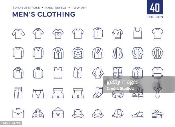 illustrazioni stock, clip art, cartoni animati e icone di tendenza di men's clothing line icon set contiene t-shirt, camicia, jeans, felpa, giacca, cappotto, veterinario, calzini e così via icone. - divisa sportiva