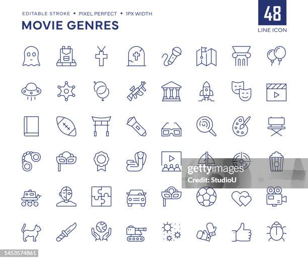 filmgenres line icon set enthält drama, horror, science fiction, komödie, romantik, action, abenteuer, thriller und so weiter icons. - dokumentation stock-grafiken, -clipart, -cartoons und -symbole