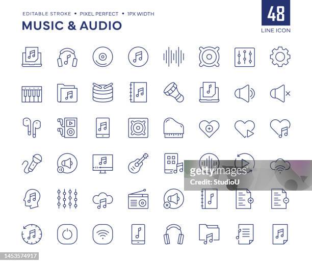music and audio line icon set contains musical note, earphones, sound wave, stereo, headphones, piano and so on icons. - cassette stock illustrations