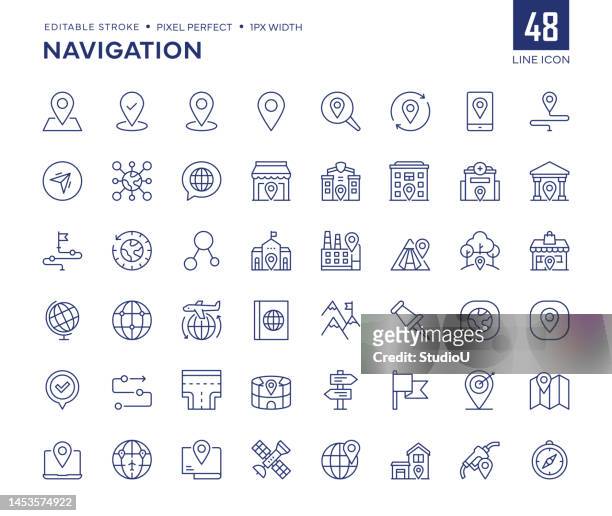navigation line icon set contains gps, map, road sign, navigational compass, satellite and so on icons. - progress flag stock illustrations