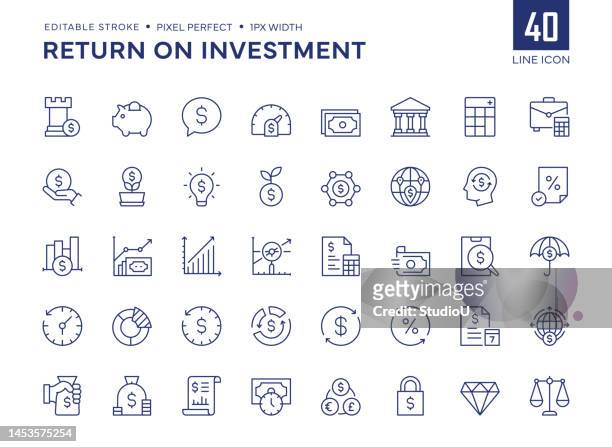 illustrazioni stock, clip art, cartoni animati e icone di tendenza di il set di icone della linea di ritorno sull'investimento contiene icone di strategia finanziaria, risparmio, punteggio di credito, capitale, banche, profitto e così via. - icon