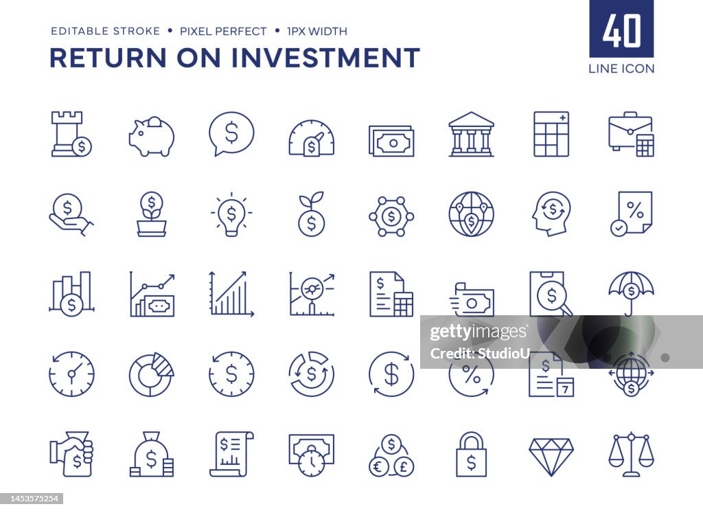 Return On Investment Line Icon Set contains Financial Strategy, Savings, Credit Score, Capital, Banking, Profit and so on icons.