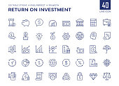 Return On Investment Line Icon Set contains Financial Strategy, Savings, Credit Score, Capital, Banking, Profit and so on icons.