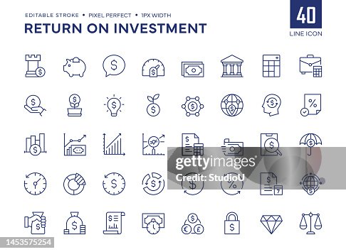 Return On Investment Line Icon Set contains Financial Strategy, Savings, Credit Score, Capital, Banking, Profit and so on icons. Return On Investment Line Icon Set contains Financial Strategy, Savings, Credit Score, Capital, Banking, Profit and so on icons.