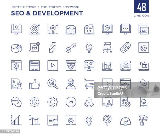 seo and development line icon set contains optimization, seo, sem, mobile app, analytics, strategy and so on icons. - search engine icon stock illustrations