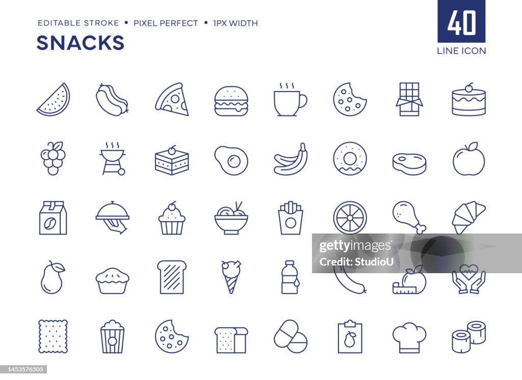 Snacks Line Icon Set contains Hamburger, Hot Dog, Pizza, Chocolate, Cake, Cookie and so on icons.