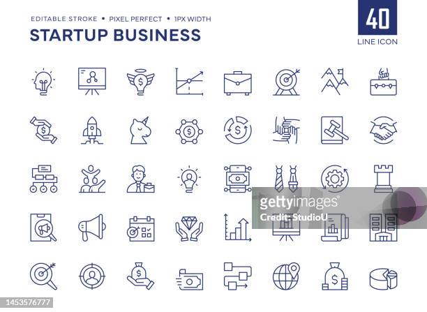 startup business line icon set contains angel investor, unicorn, venture capital, workforce, business idea and so on icons. - business model stock illustrations