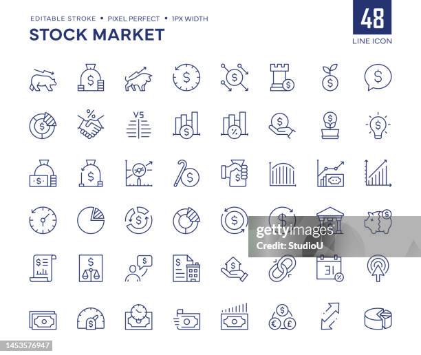 illustrazioni stock, clip art, cartoni animati e icone di tendenza di il set di icone della linea del mercato azionario contiene icone di finanza, budget, relazione annuale, recessione, mercato ribassista, mercato rialzista, fare soldi, trading e così via. - simbolo monetario