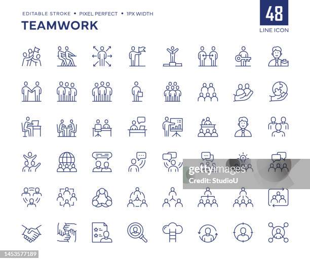 illustrations, cliparts, dessins animés et icônes de le jeu d’icônes de ligne de travail d’équipe contient des icônes de coopération, de leadership, de collègue, d’équipe commerciale, etc. - monochrome image teintée