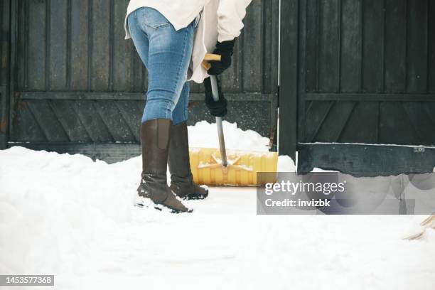 woman is shoveling snow in the frontyard - snow shovel 個照片及圖片檔