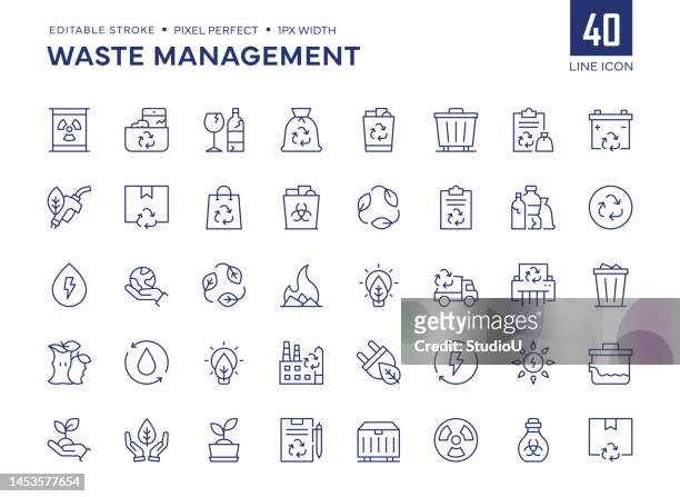 waste management line icon set enthält recycling, wiederverwendbar, recyclingzentrum, umwelt und so weiter symbole. - umweltverschmutzung stock-grafiken, -clipart, -cartoons und -symbole