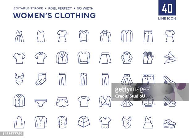 damenbekleidungslinie icon set enthält kleid, jacke, rock, denim, schuhe, hemd, jeans und so weiter symbole. - kleid stock-grafiken, -clipart, -cartoons und -symbole