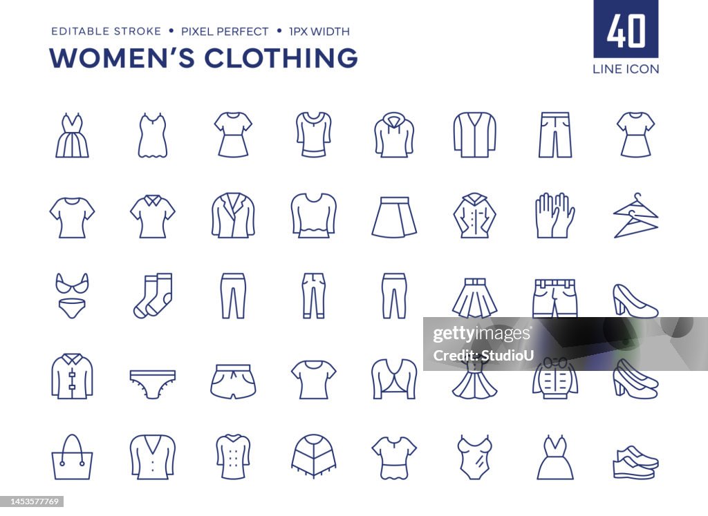 El conjunto de iconos de la línea de ropa para mujeres contiene iconos de vestido, chaqueta, falda, mezclilla, zapatos, camisa, jeans, etc.