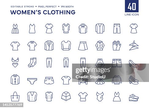 El conjunto de iconos de la línea de ropa para mujeres contiene iconos de vestido, chaqueta, falda, mezclilla, zapatos, camisa, jeans, etc. El conjunto de iconos de la línea de ropa para mujeres contiene iconos de vestido, chaqueta, falda, mezclilla, zapatos, camisa, jeans, etc.
