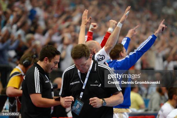 Head coach Alfred Gislason of Kiel reacts during the EHF Final Four final match between THW Kiel and BM Atletico Madrid at Lanxess Arena on May 27,...