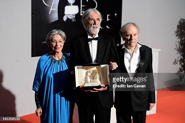 Winners of the Palme D’Or for 'Amour', actress Emmanuelle Riva, director Michael Haneke and actor Jean-Louis Trintignant pose at the Winners...