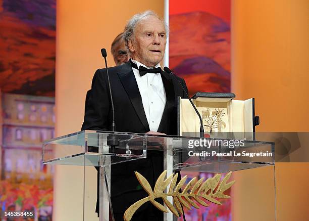 Actor Jean-Louis Trintignant receives the Palme D��’Or for "Amour" on onstage at the Closing Ceremony during the 65th Annual Cannes Film Festival on...