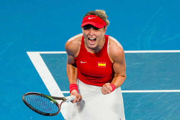 Paula Badosa of Spain celebrates winning match point in the Group D match against Harriet Dart of Great Britain during day four of the 2023 United...