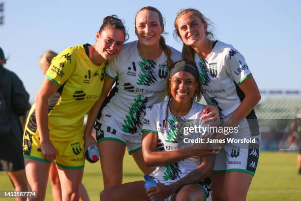 Alyssa Dall’oste, Hannah Keane, Jessica McDonald and Alana Cerne of Western United pose for a photo after the win during the round eight A-League...