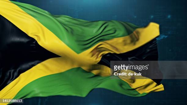 flag of jamaica on dark blue background - jamaica flag stock pictures, royalty-free photos & images