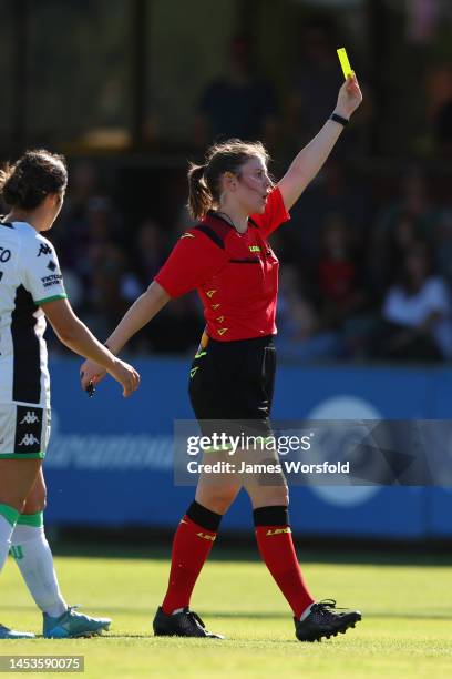 Referee Caitlin Williams gives out a yellow card during the round eight A-League Women's match between Perth Glory and Western United at Macedonia...