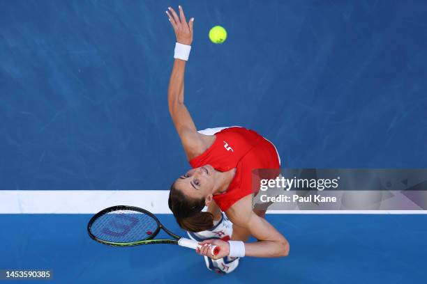 Petra Martic of Croatia serves in the Women's singles match against Nadia Podoroska of Argentina during day four of the 2023 United Cup at RAC Arena...