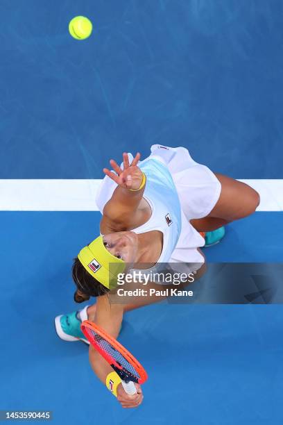 Nadia Podoroska of Argentina serves in the Women's singles match against Petra Martic of Croatia during day four of the 2023 United Cup at RAC Arena...