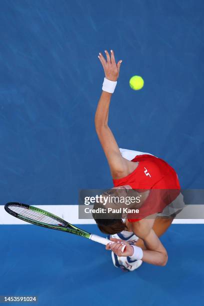 Petra Martic of Croatia serves in the Women's singles match against Nadia Podoroska of Argentina during day four of the 2023 United Cup at RAC Arena...