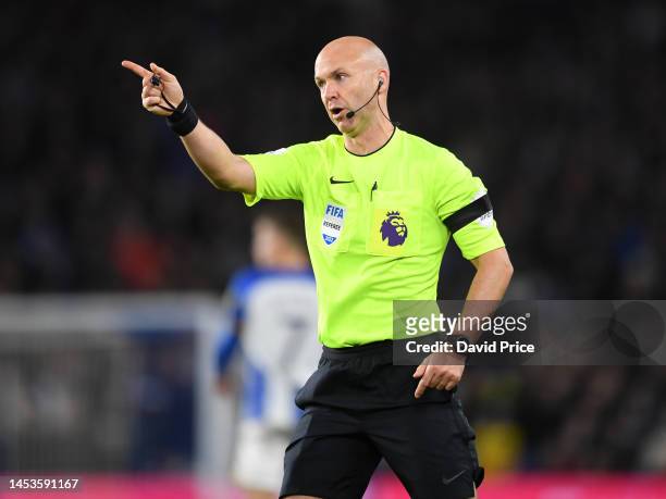 Referee Anthony Taylor during the Premier League match between Brighton & Hove Albion and Arsenal FC at American Express Community Stadium on...