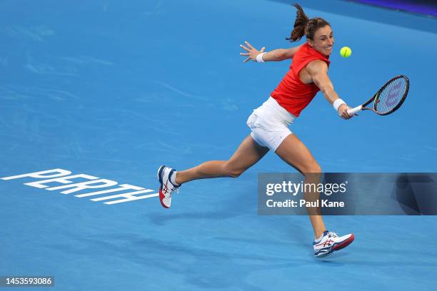 Petra Martic of Croatia plays a backhand in the Women's singles match against Nadia Podoroska of Argentina during day four of the 2023 United Cup at...