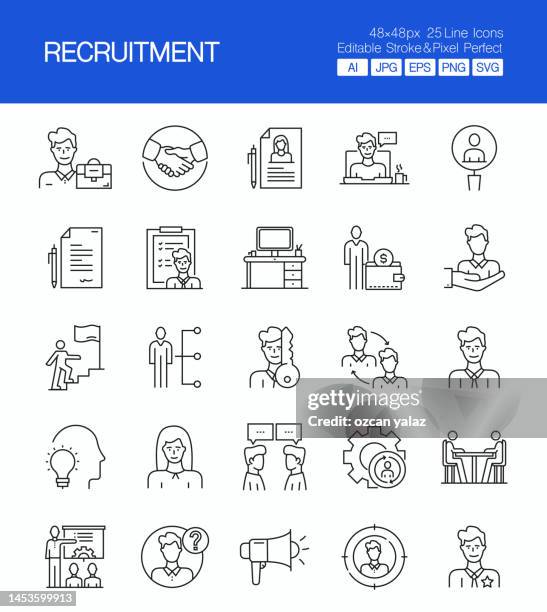 recruitment thin line vector icon set. the design is editable and the color can be changed. vector set of creativity icons: human resources , employee , job interview , assessment , head hunting - candidate experience stock illustrations