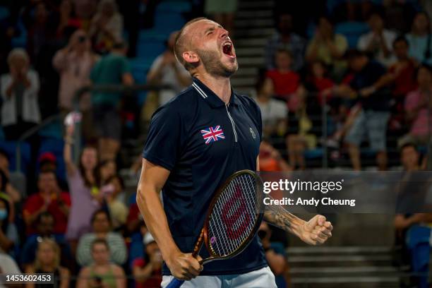 Daniel Evans of Great Britain celebrates victory in the Group D match against Albert Ramos-Vinolas of Spain during day four of the 2023 United Cup at...