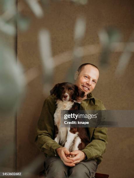 cute dog and his new owner in studio rehoming rescue dog - springerspaniël stockfoto's en -beelden