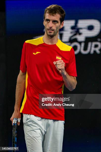 Albert Ramos-Vinolas of Spain celebrates winning a point in the Group D match against Daniel Evans of Great Britain during day four of the 2023...