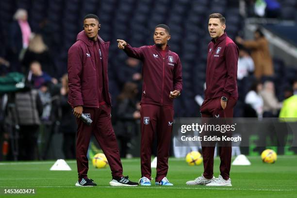 Ezri Konsa, Leon Bailey and Jan Bednarek of Aston Villa inspect the pitch prior to the Premier League match between Tottenham Hotspur and Aston Villa...