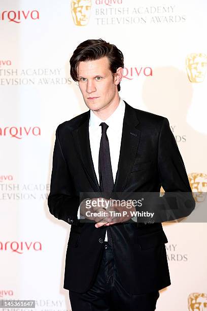 Actor Matt Smith poses in front of the winners boards at The 2012 Arqiva British Academy Television Awards at the Royal Festival Hall on May 27, 2012...