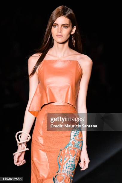 The model Kamila Hansen walks the runway during Animale fashion show at Sao Paulo Fashion Week Summer 2014/2015 SPFW on March 31, 2014 in Sao Paulo,...
