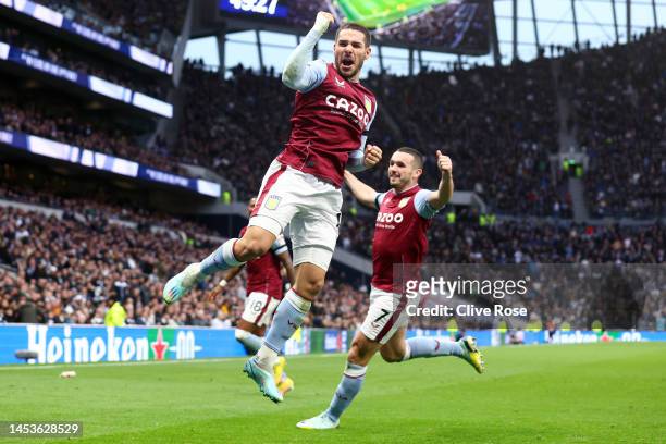 Emi Buendia of Aston Villa celebrates after scoring their side's first goal during the Premier League match between Tottenham Hotspur and Aston Villa...